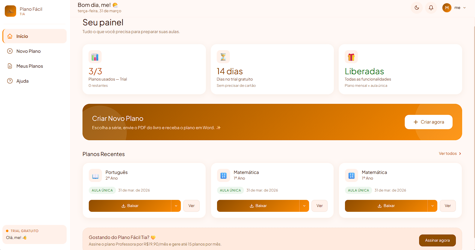 Painel de controle do software Plano Fácil Tia gerando um plano de aula alinhado à BNCC